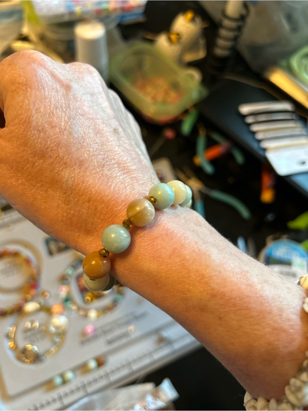 Handmade Amazonite Beaded Stretch Bracelet - Blue & Brow